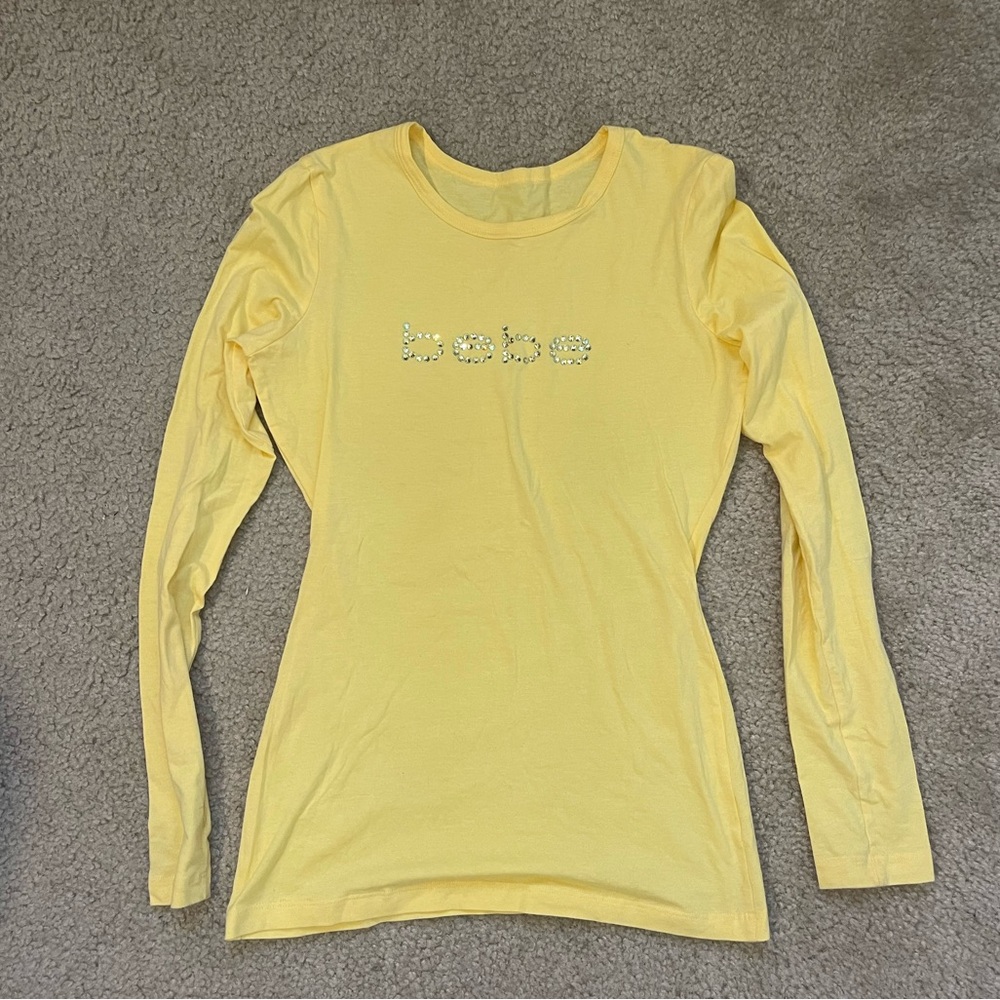 bebe Yellow Long Sleeve Logo Tee with Rhinestones